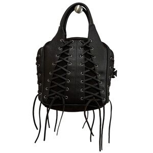 CBGB & Omfug Leather Satchel Handbag Lacing & Rivets Details Dark Brown